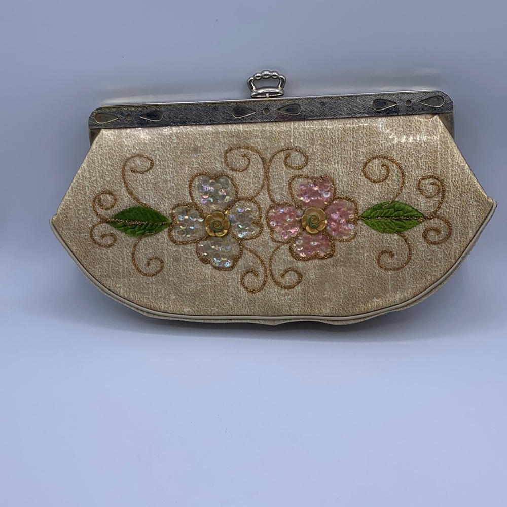 Vintage Clear Plastic Covered Crown Clasp Sequin Flowers Gold Handbag Purse